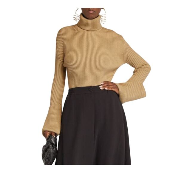 ST JOHN Ribbed Wool Turtleneck Sweater oversize cuffs Women's size Small - Picture 1 of 13
